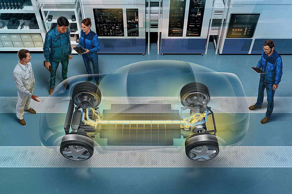 Illustration: Vier Menschen arbeiten an der Entwicklung des elektrischen Fahrzeugantriebs. Dabei ist das Fahrzeug nur als Hülle angedeutet. Der Fokus liegt auf der Antriebseinheit mit den Rädern und Batterie.