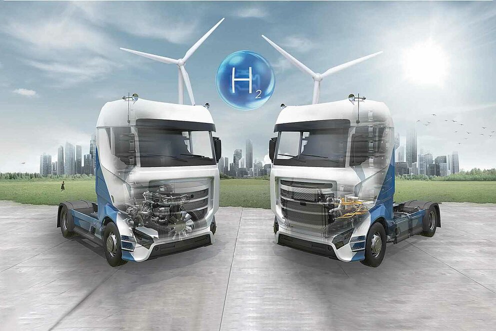 Zwei Silhouetten von Lkw, die einen Blick in das Fahrzeuginnere mit Antriebsmaschine und Tanksystemen ermöglicht. Hinter den Lkw sind zwei Windräder dargestellt sowie ein H-Molekül in der Mitte. 