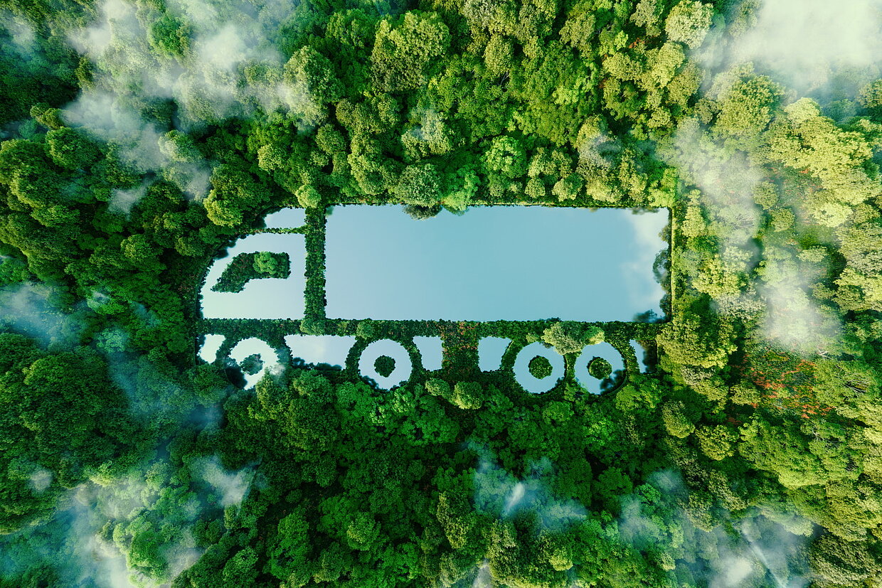 Ansicht auf einen Wald von oben mit einem LKW Symbol in der Mitte