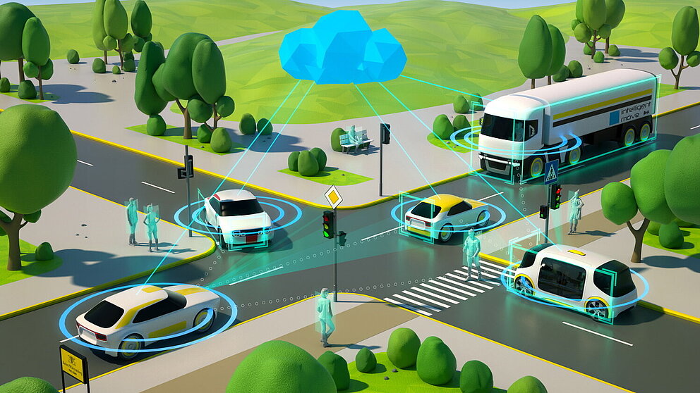 3D-Rendering einer Straßenkreuzung. Die Fahrzeuge kommunizieren miteinander, über ihnen ist eine Cloud