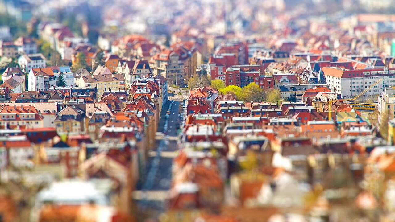 Nahaufnahme eines Wohngebiets in einer Stadt.