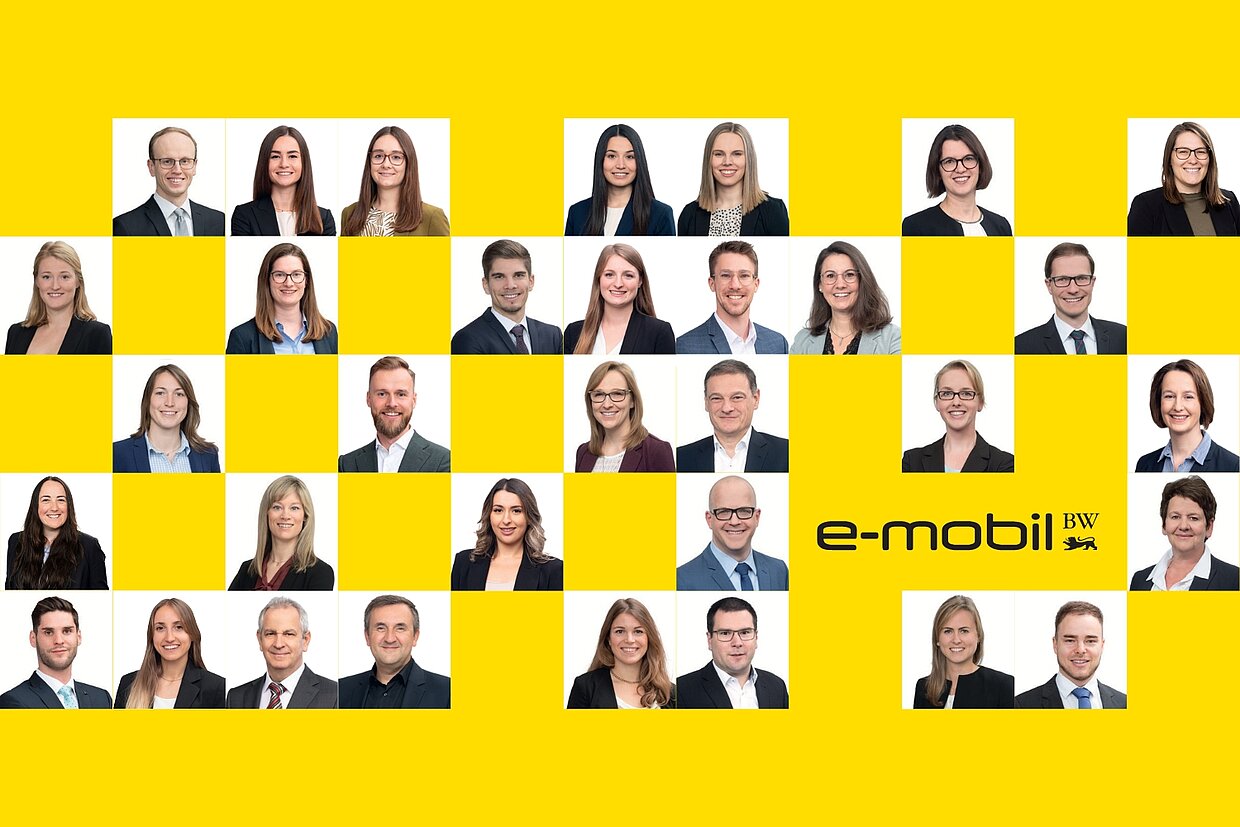 Portraits der Mitarbeitenden bei e-mobil BW vor gelbem Hintergrund im Karo Muster angeordnet