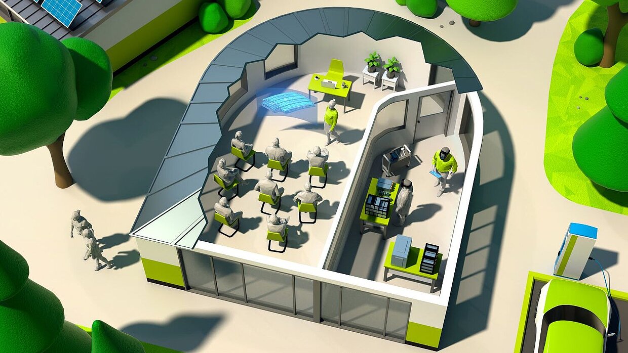 3D rendering of a modern research laboratory with an electric vehicle parked at a nearby charging station.