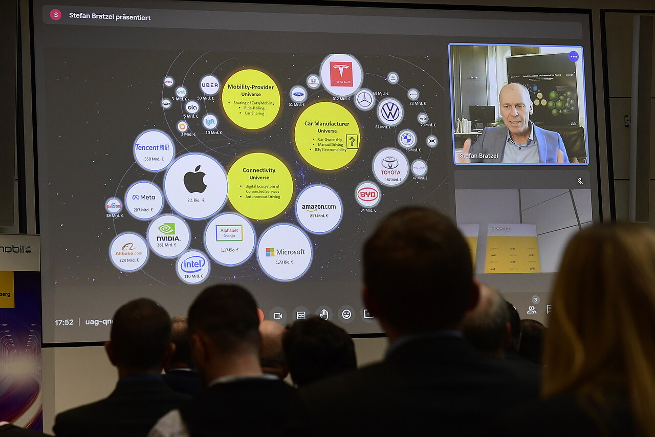 Prof. Dr. Stefan Bratzel, Gründer und Direktor des Center of Automotive Management, stellt per Liveübertragung die Kernergebnisse der Studie "Digitalisierung in der Mobilitätswirtschaft – Erfolgsfaktoren der Daten- und Plattformökonomie" vor. 