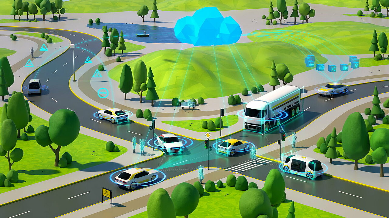Ein 3D-Rendering zum Thema digitales Ökosystem im Bereich Mobilität.