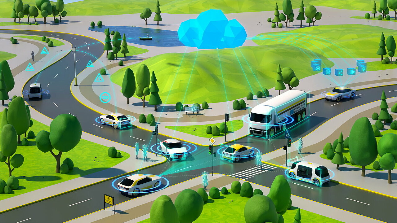 3D-Rendering einer Straßenkreuzung. Die Fahrzeuge kommunizieren miteinander, über ihnen ist eine Cloud