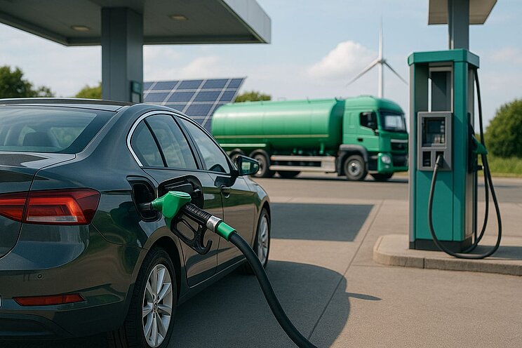 Ein modernes, dunkelgraues Auto wird an einer Tankstelle mit grünem Zapfhahn betankt. Im Hintergrund stehen ein grüner Tanklaster, Solarpanels und ein Windrad.