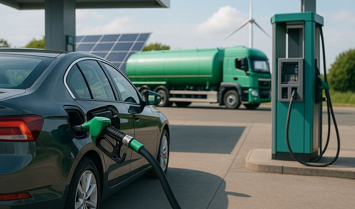 Ein modernes, dunkelgraues Auto wird an einer Tankstelle mit grünem Zapfhahn betankt. Im Hintergrund stehen ein grüner Tanklaster, Solarpanels und ein Windrad.