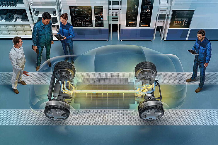 Fachkräfte sprechen über ein Fahrzeug Hologramm mit elektrischem Antriebsstrang