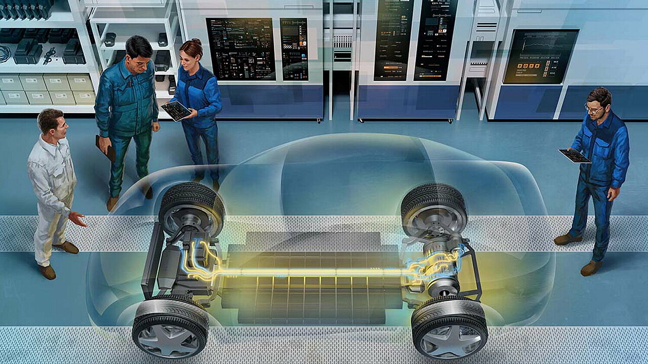 Fachkräfte sprechen über ein Fahrzeug Hologramm mit elektrischem Antriebsstrang