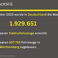 Im Oktober 2025 wurde in Deutschland die Marke von 1.929.651 zugelassener Elektrofahrzeuge erreicht. Davon waren 307.763 Fahrzeuge in Baden-Württemberg zugelassen.