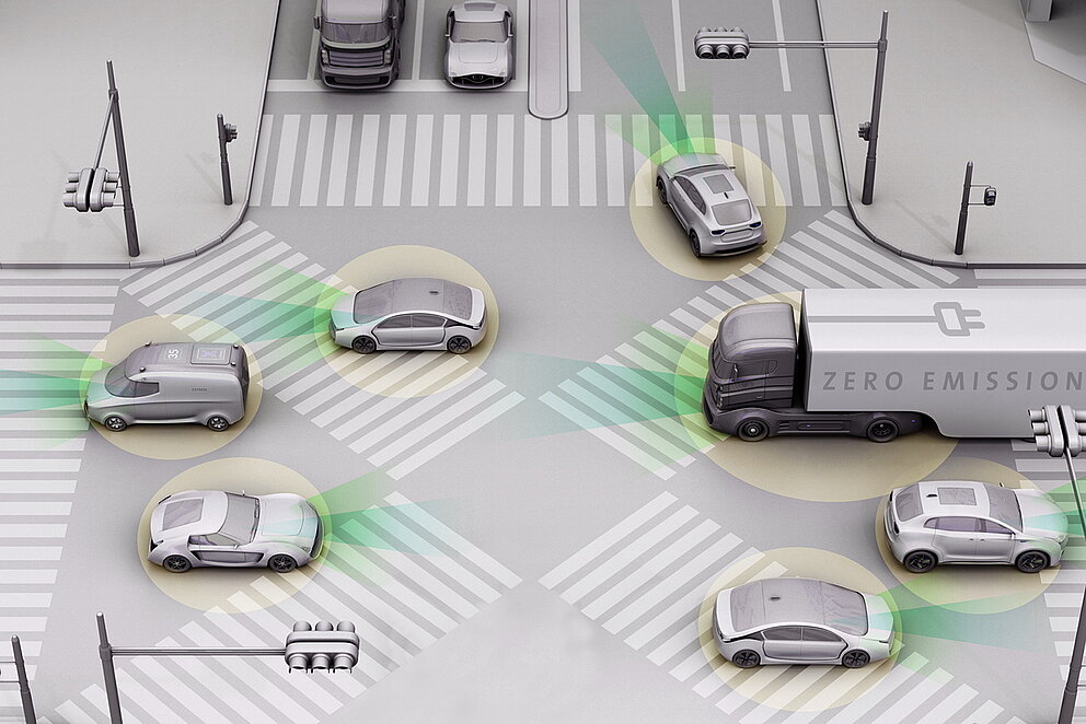 Kreuzung mit selbst fahrenden Fahrzeugen unterschiedlicher Art (LKW, PKW...) 