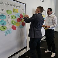 Zwei Männer stehen vor einer großen Brainstorming Wand und kleben Zettel auf.