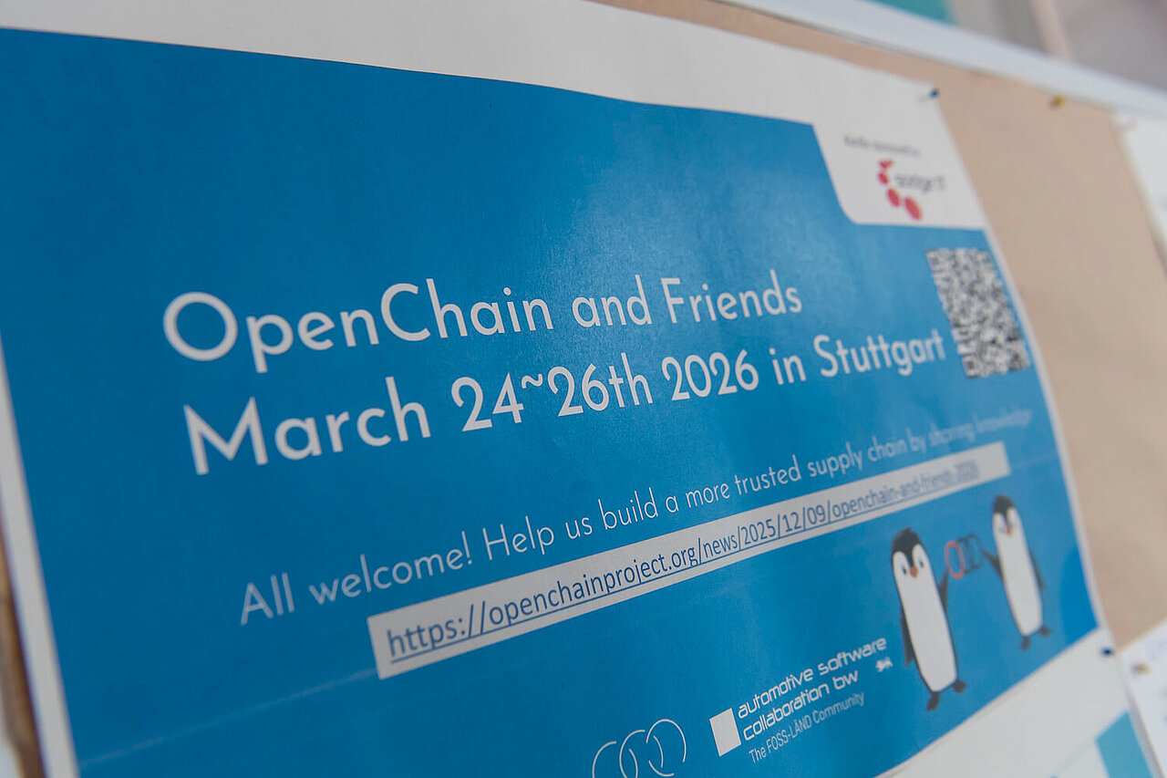 Ein Plaka bei einer Veranstaltung t mit der Aufschrift OpenChain and Friends 2026.