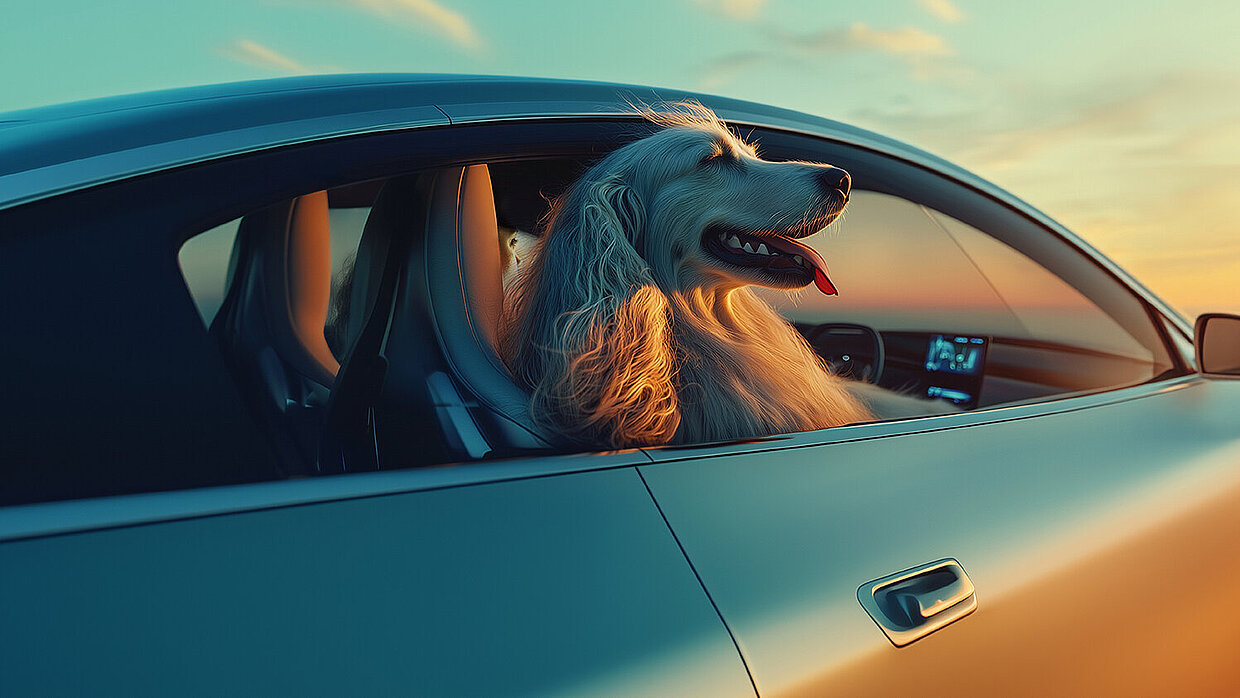 Ein Hund sitzt in einem hoch modernen E-Auto und hält genüsslich den Kopf aus dem Fenster.