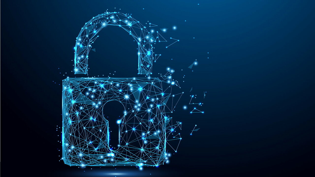 Ein Schloss-Symbol bestehend aus Linien und Dreiecken vor blauem Hintergrund.