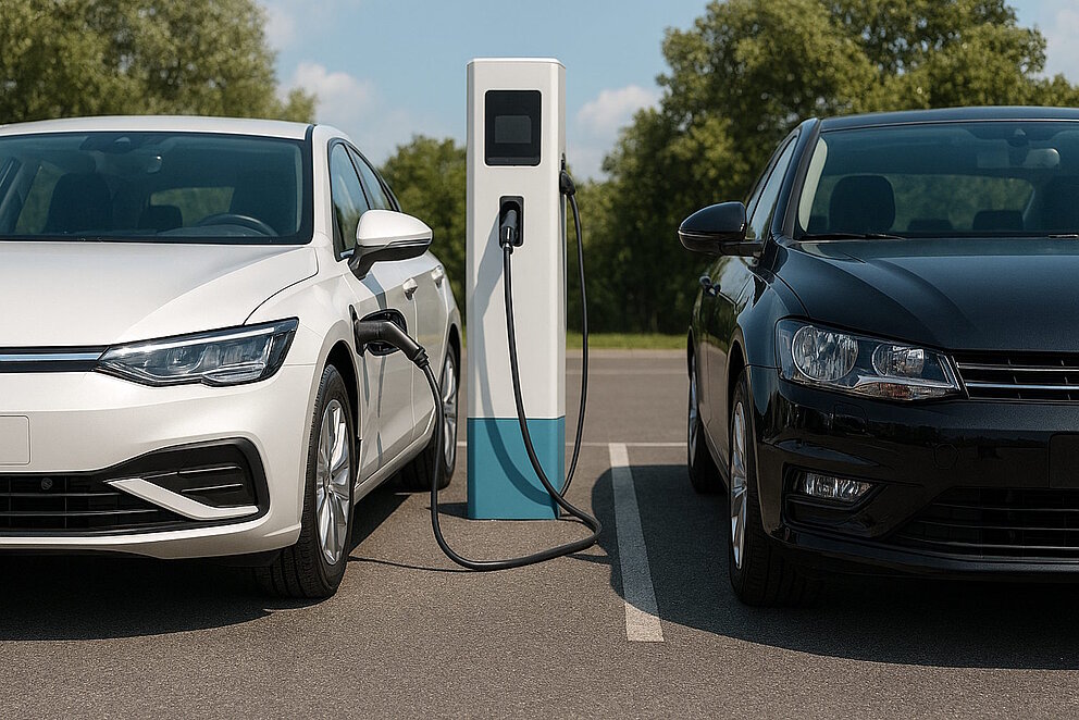 Ein weißtes Elektroauto an einer Ladestation parkt neben einem schwarzen Verbrennerauto.
