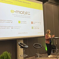 Katja Gicklhorn, Director of Industrialisation at e-mobil BW, during a presentation at EVS35 in Norway.