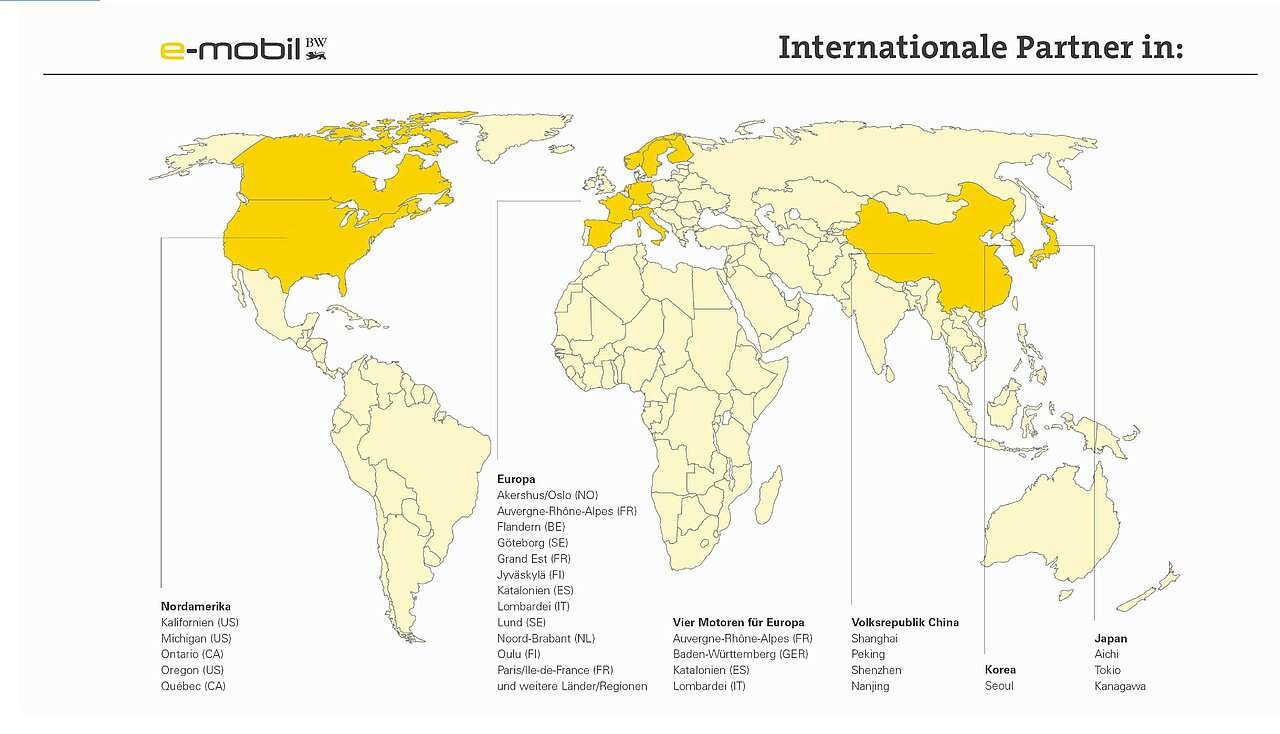 Karte der internationalen Partner der e-mobil BW
