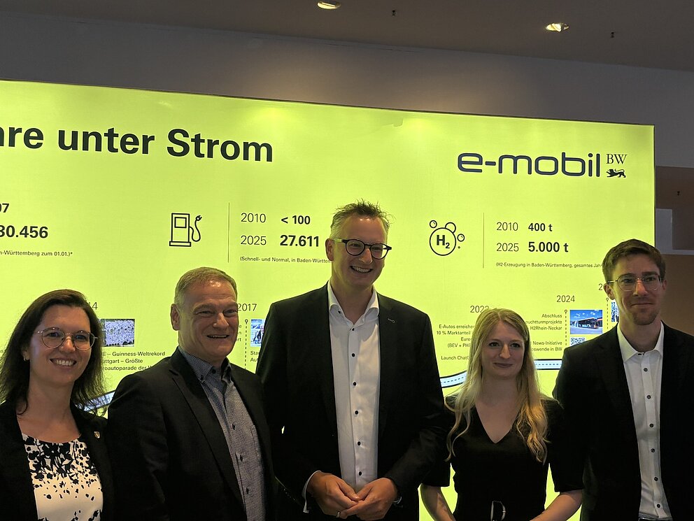 Eine Gruppe von fünf Personen steht lächelnd vor einem großen, leuchtend gelben Bildschirm mit der Aufschrift „15 Jahre unter Strom“ und dem Logo „e-mobil BW“. 