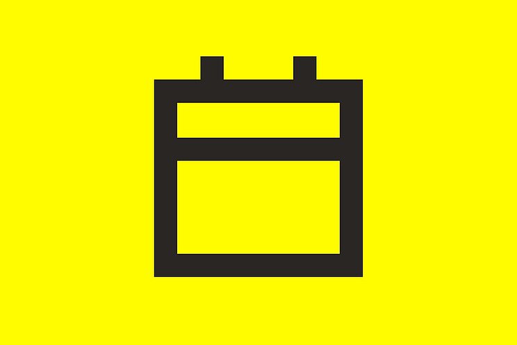 Symbol eines Kalenderblattes auf gelbem Hintergrund. Bei Klick darauf gelangt man zum Veranstaltungskalender.