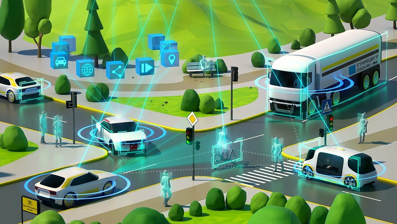 3D-Rendering einer Straßenkreuzung. Die Fahrzeuge kommunizieren miteinander, über ihnen ist eine Cloud
