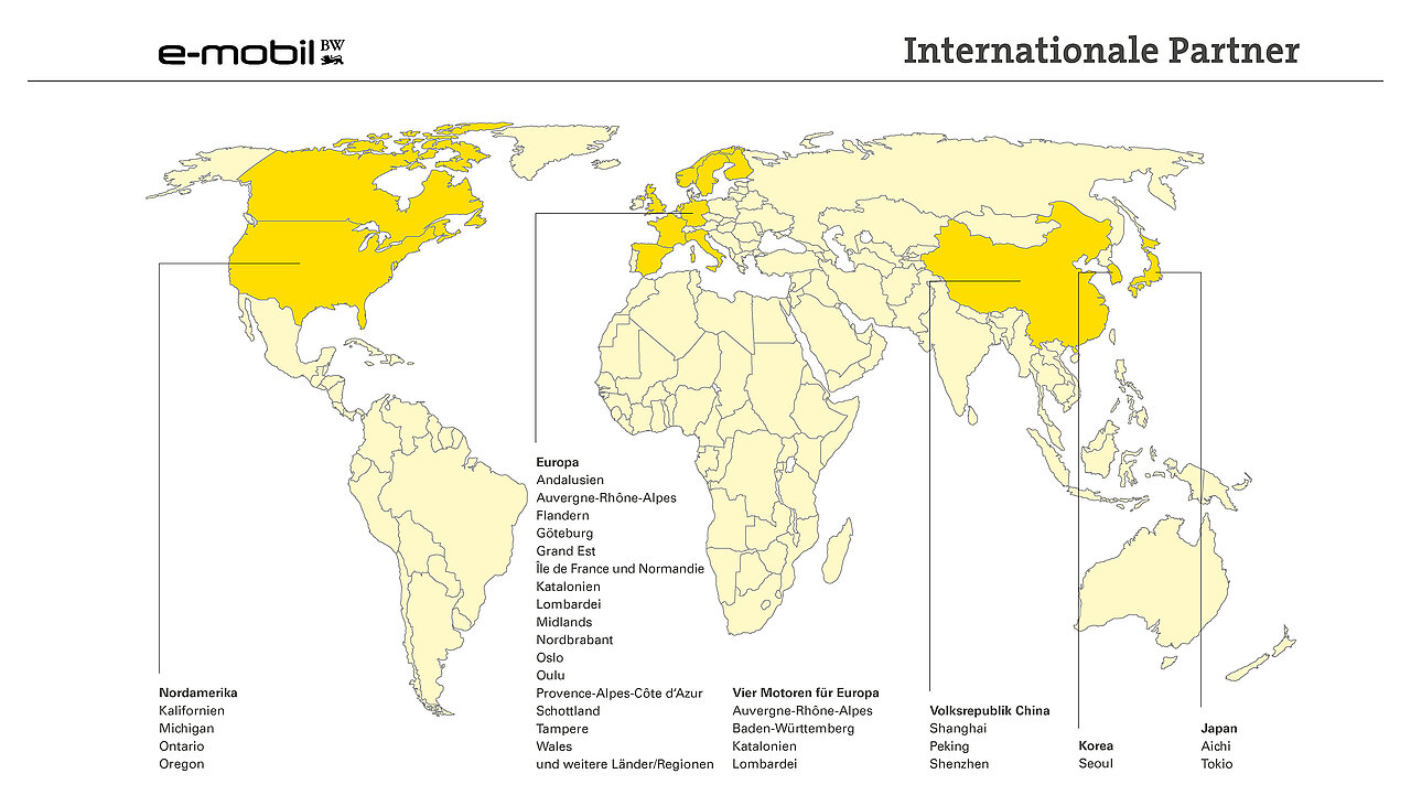 Karte der internationalen Partner der e-mobil BW
