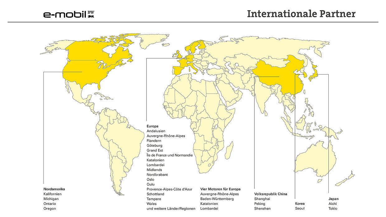 Karte der internationalen Partner der e-mobil BW