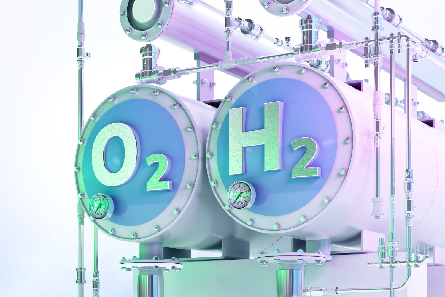 Erzeugung von grünem Wasserstoff durch Elektrolyse mit Strom aus erneuerbaren Energiequellen, auf der Anlage sind die chemischen Formeln für Sauerstoff und Wasserstoff zu sehen.