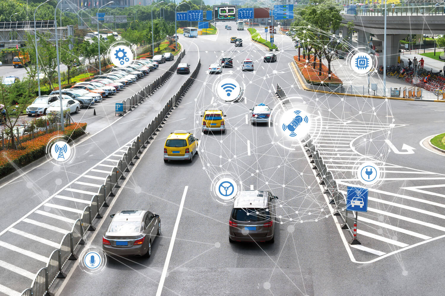 Visualisierung des Stadtverkehrs mit mehreren Fahrstreifen, darüber befinden sich Icons der Digitalisierung, die miteinander vernetzt sind.