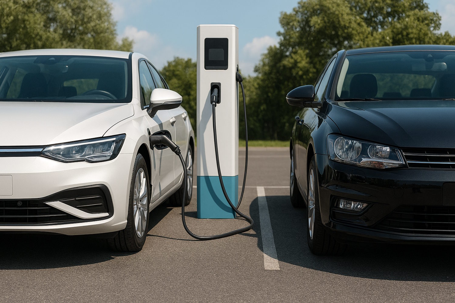 Ein weißtes Elektroauto an einer Ladestation parkt neben einem schwarzen Verbrennerauto.