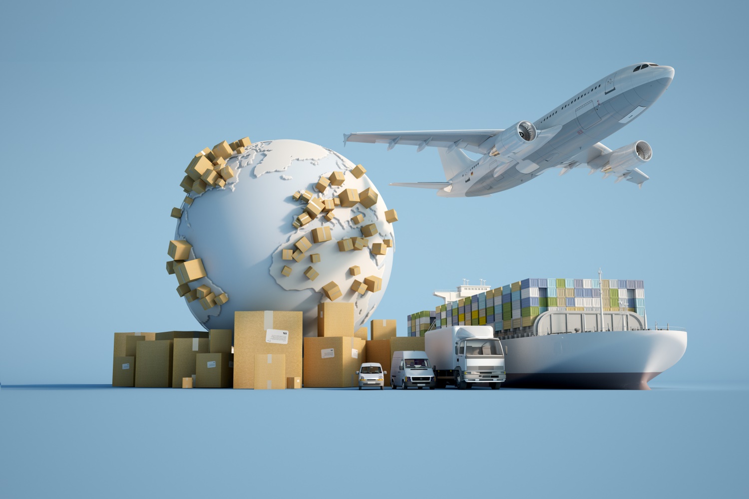 Animierte Darstellung der Erde mit Paketen, die auf den Kontinenten verteilt sind. Daneben sind weitere Pakete sowie verschiedene Zustellfahrzeuge zu sehen: Pkw, kleiner LKW, großer LKW, Containerschiff und Flugzeug auf hellblauem Hintergrund.