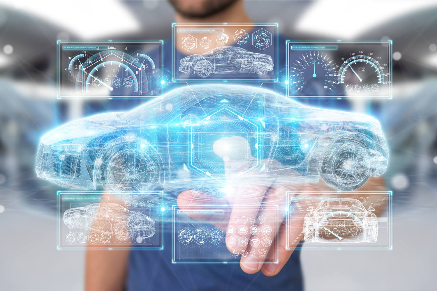 A man points at a holographic display of a car, surrounded by floating holographic visuals showing key specifications of the car.