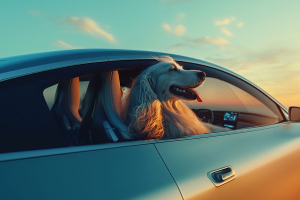 Ein Hund sitzt in einem hoch modernen E-Auto und hält genüsslich den Kopf aus dem Fenster.