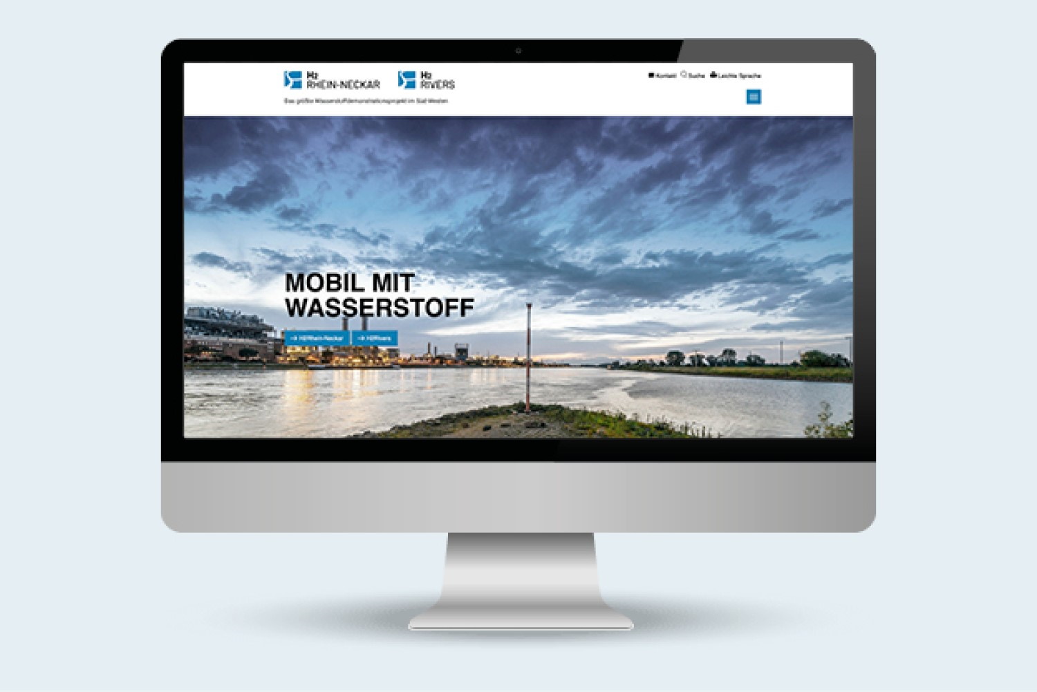 Ein Bildschirm, auf dem die Startseite der Webseite zu den Projekten H2Rhein-Neckar und H2Rivers zu sehen ist. Der Schriftzug "Mobil mit Wasserstoff" ist lesbar. 